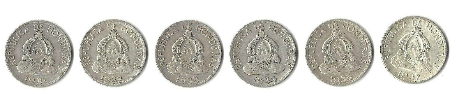 .900 Fine Silver Lempira Coins – Complete Set Of Bambas 1931-37   Km 75