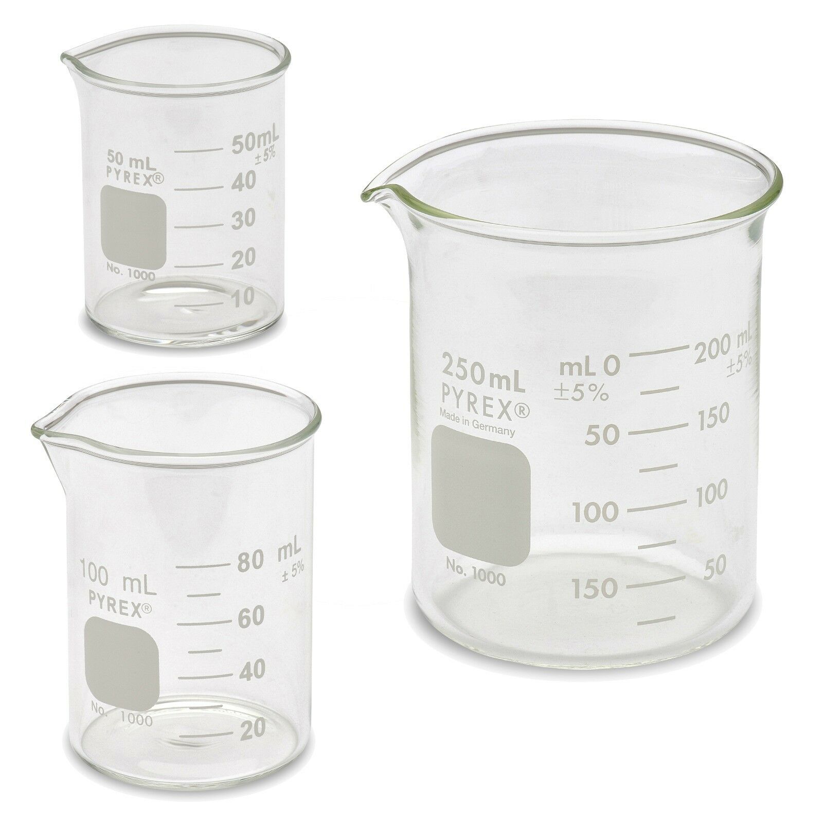 Corning Pyrex 1000 Low Form Beaker Set - 3 Sizes - 50ml, 100ml, 250ml
