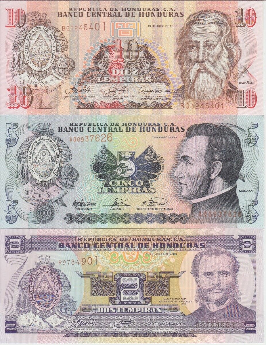 Honduras Banknote P80ac/85c/86d 2-5-10 Lempiras 2003/06, Lot Of 3 Different, Unc