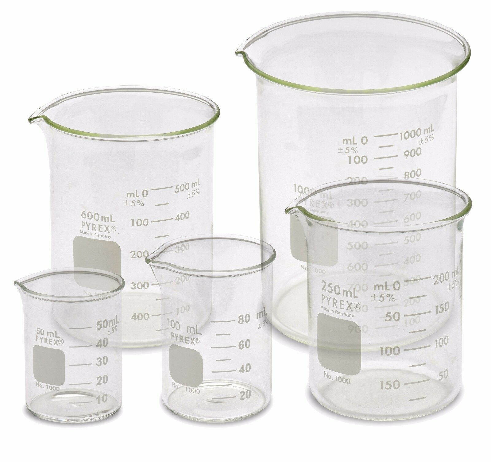 Corning Pyrex 1000-pack Low Form Beaker Set - 5 Sizes, 50, 100, 250, 600, 1000ml