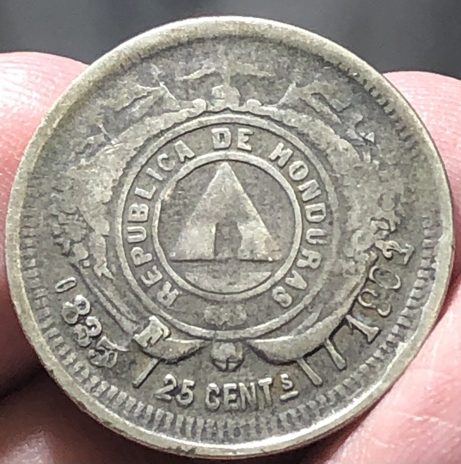 Honduras Km50a 25 Centavos 1901/0 Double Die F Mark Rare